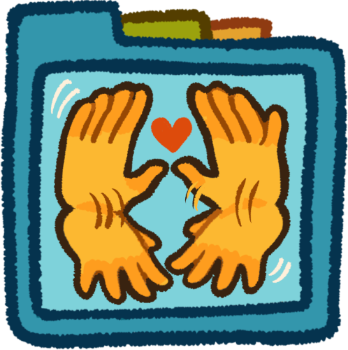 two yellow hands flapping. they're inside a teal folder that has green and orange folder tabs behind it.